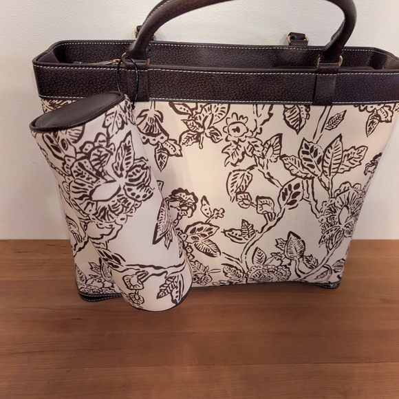 Estee Lauder 2 Piece Floral Handbag Tote  15x12x4  Brown/Tan/ Brown - Picture 6 of 6